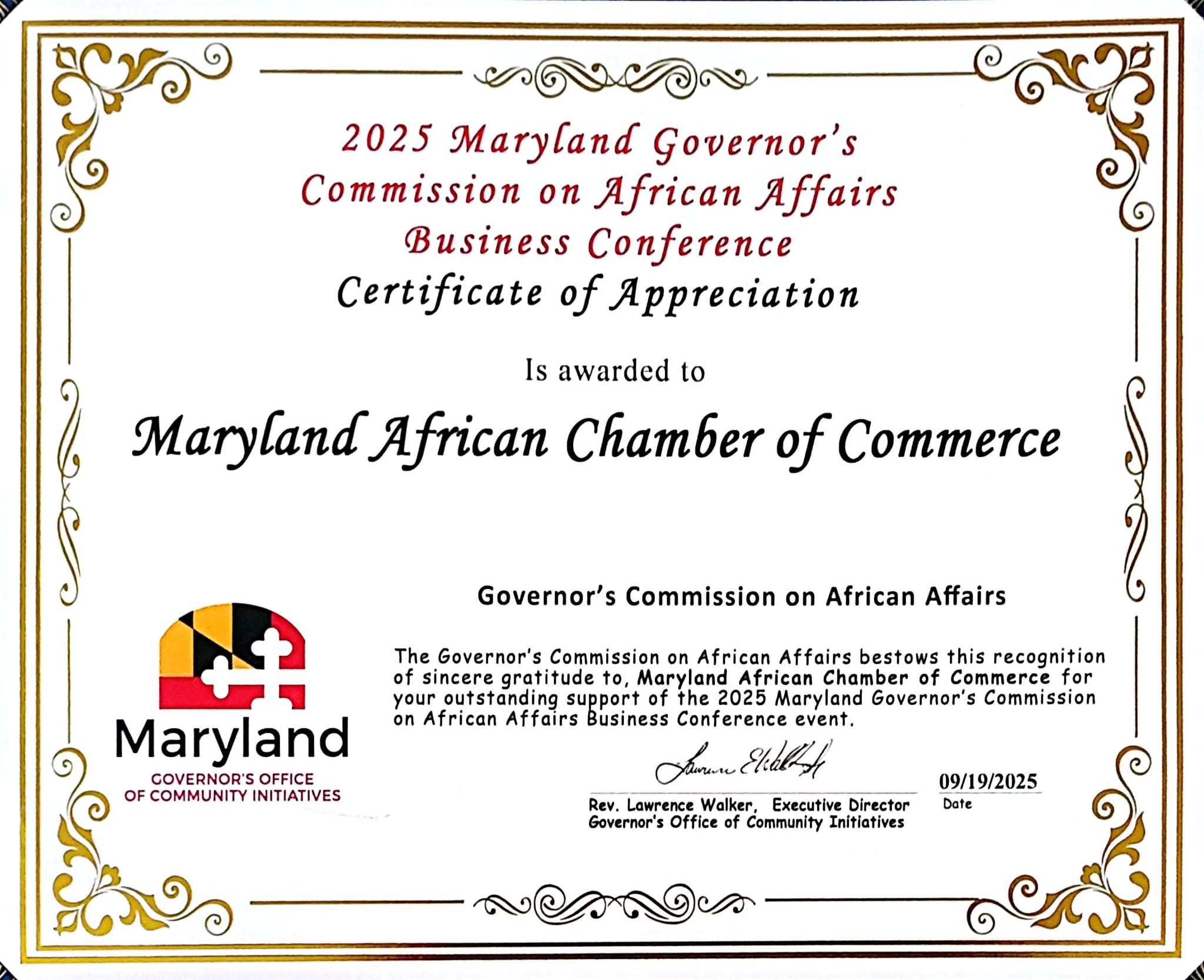 2025 Governor's Commission on African Affairs Certificate of Appreciation awarded to the Maryland African Chamber of Commerce