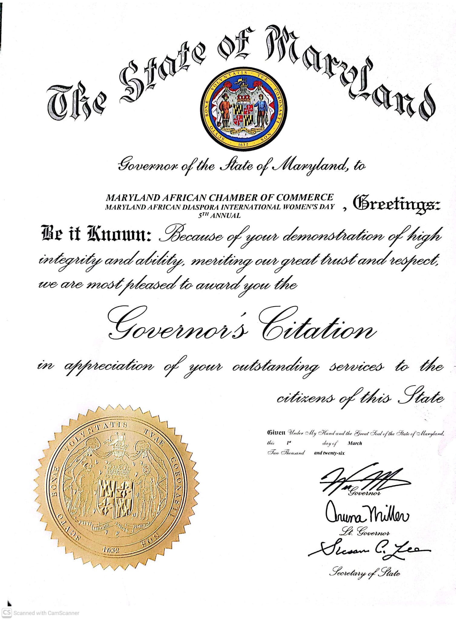 Governor's Citation from the State of Maryland awarded to the Maryland African Chamber of Commerce
